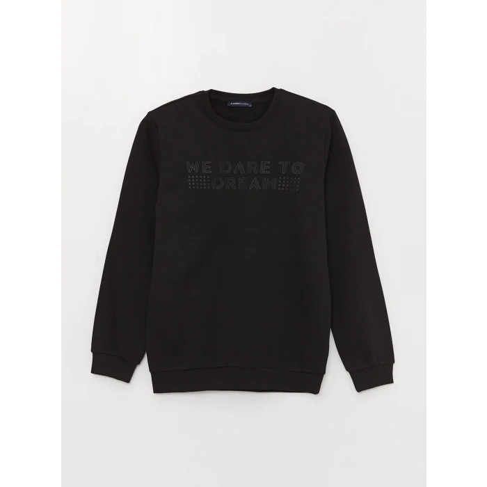 LCWAIKIKI Classic SİYAH Bisiklet Yaka Uzun Kollu Baskılı Erkek Kalın Sweatshirt