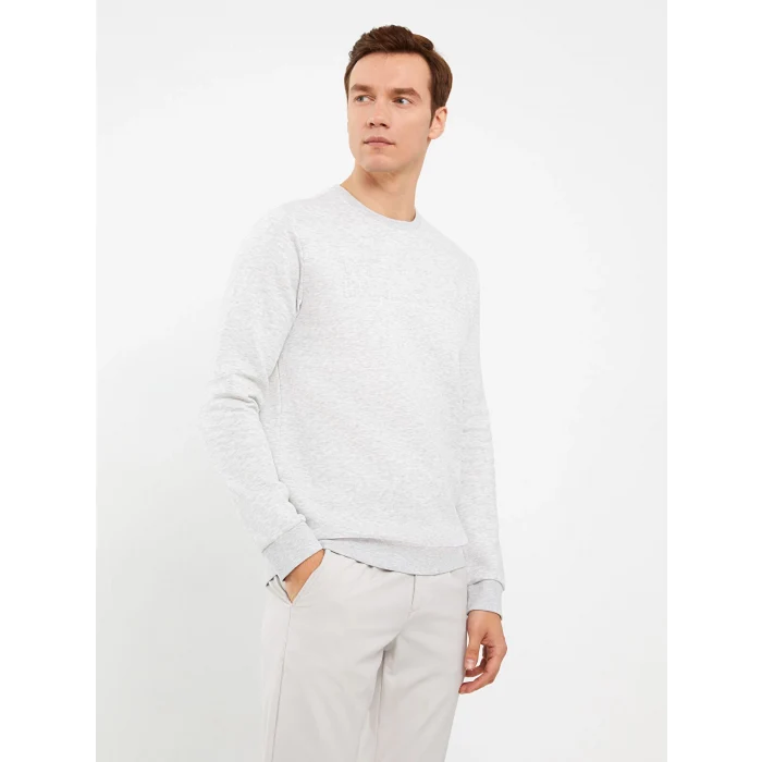 LCWAIKIKI Classic BEJ Bisiklet Yaka Uzun Kollu Baskılı Erkek Kalın Sweatshirt