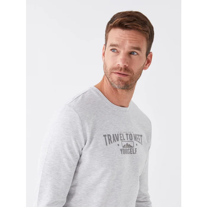 LCWAIKIKI Classic BEJ Bisiklet Yaka Uzun Kollu Baskılı Erkek Sweatshirt