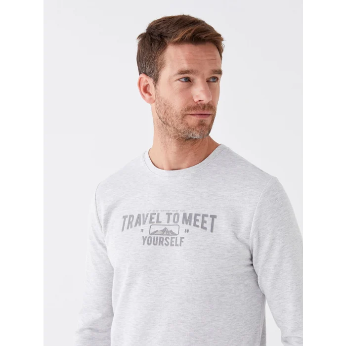 LCWAIKIKI Classic BEJ Bisiklet Yaka Uzun Kollu Baskılı Erkek Sweatshirt