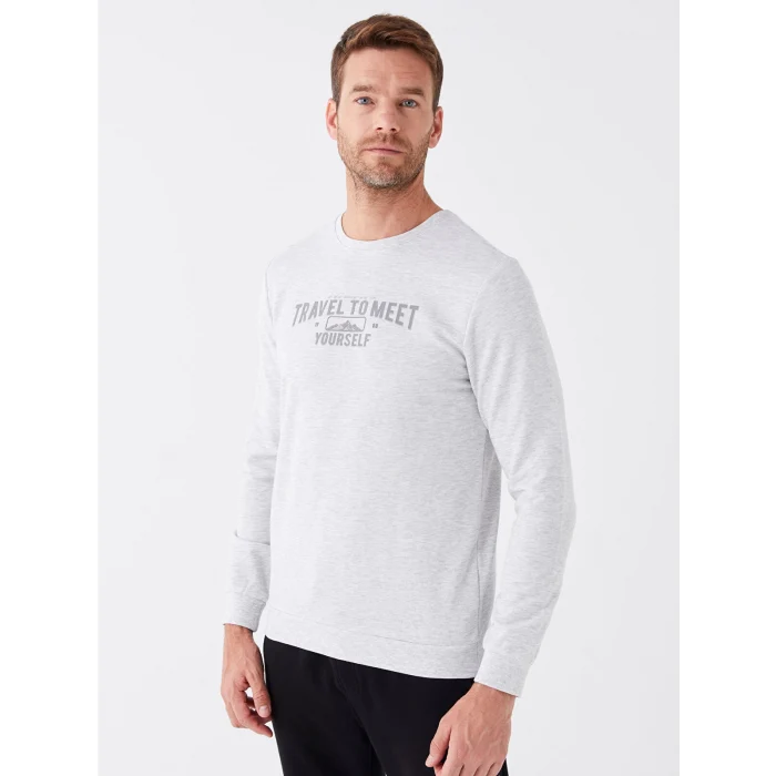 LCWAIKIKI Classic BEJ Bisiklet Yaka Uzun Kollu Baskılı Erkek Sweatshirt