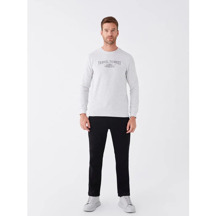 LCWAIKIKI Classic BEJ Bisiklet Yaka Uzun Kollu Baskılı Erkek Sweatshirt