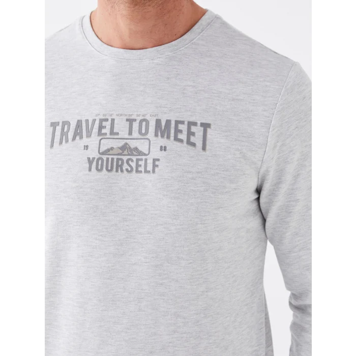 LCWAIKIKI Classic BEJ Bisiklet Yaka Uzun Kollu Baskılı Erkek Sweatshirt