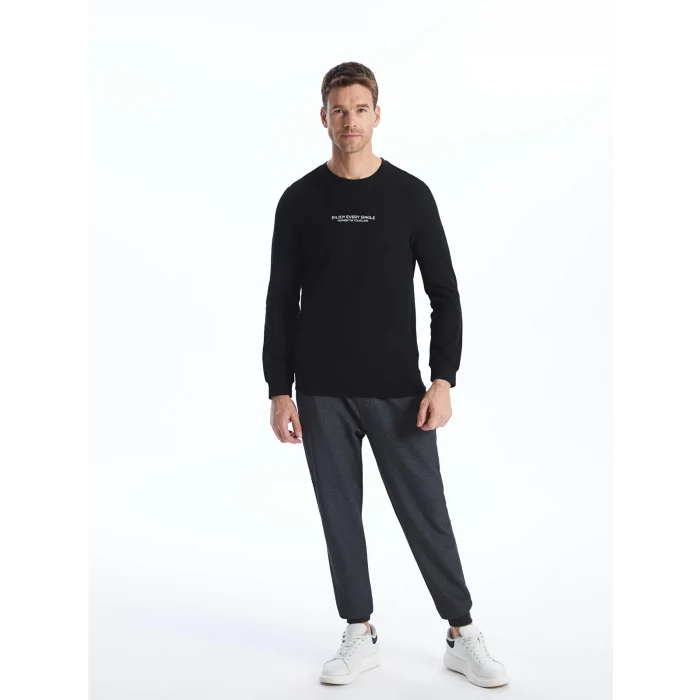 LCWAIKIKI Classic SİYAH Bisiklet Yaka Uzun Kollu Baskılı Erkek Sweatshirt