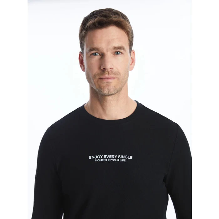 LCWAIKIKI Classic SİYAH Bisiklet Yaka Uzun Kollu Baskılı Erkek Sweatshirt