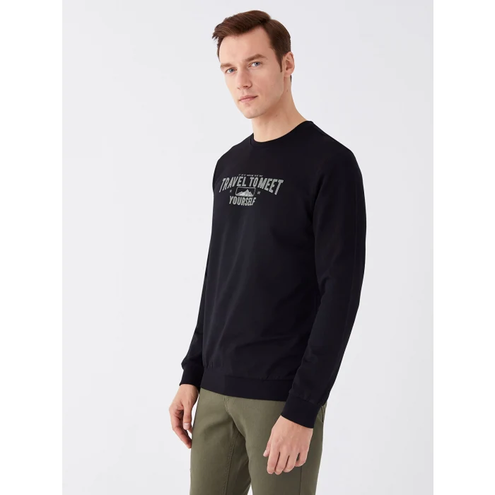 LCWAIKIKI Classic SİYAH Bisiklet Yaka Uzun Kollu Baskılı Erkek Sweatshirt