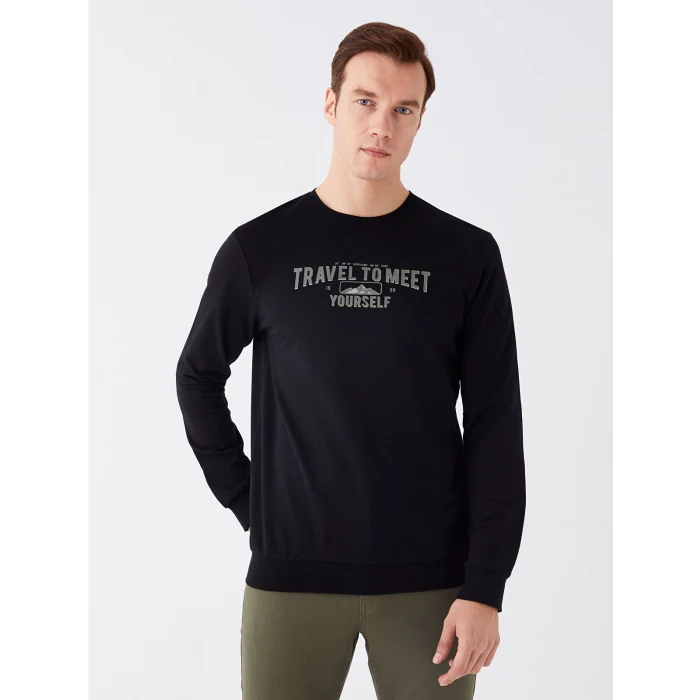 LCWAIKIKI Classic SİYAH Bisiklet Yaka Uzun Kollu Baskılı Erkek Sweatshirt