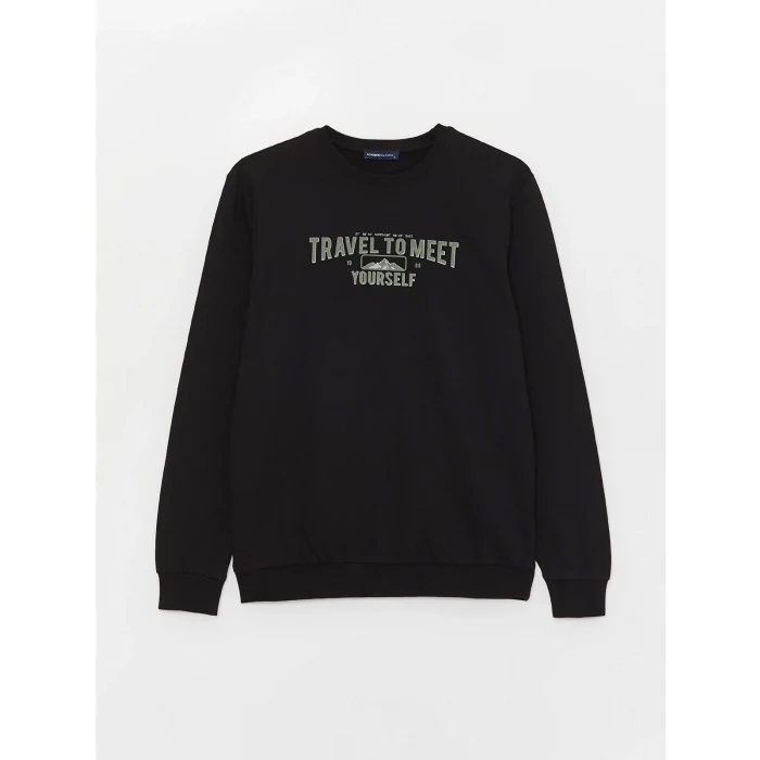 LCWAIKIKI Classic SİYAH Bisiklet Yaka Uzun Kollu Baskılı Erkek Sweatshirt