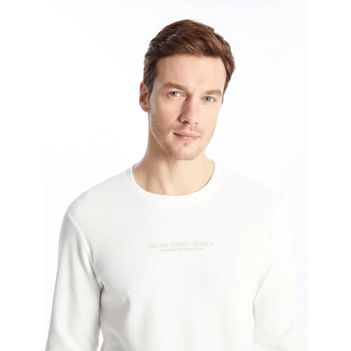 LCWAIKIKI Classic EKRU Bisiklet Yaka Uzun Kollu Baskılı Erkek Sweatshirt