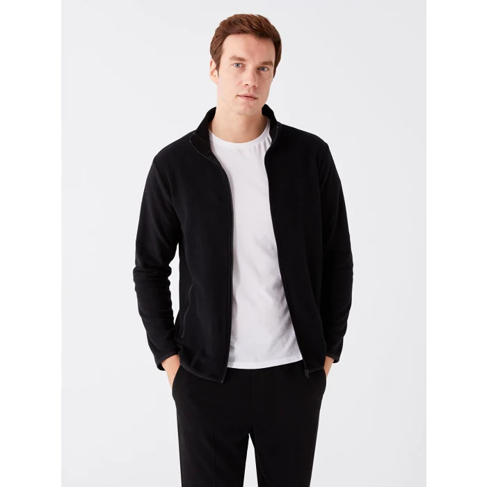 LCWAIKIKI Classic SİYAH Dik Yaka Uzun Kollu Erkek Polar Hırka