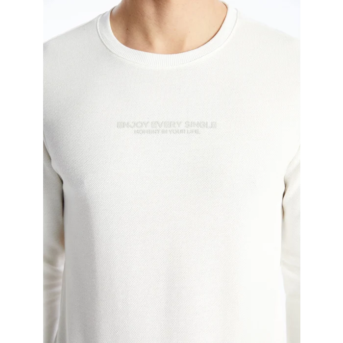 LCWAIKIKI Classic EKRU Bisiklet Yaka Uzun Kollu Baskılı Erkek Sweatshirt