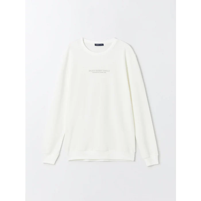 LCWAIKIKI Classic EKRU Bisiklet Yaka Uzun Kollu Baskılı Erkek Sweatshirt