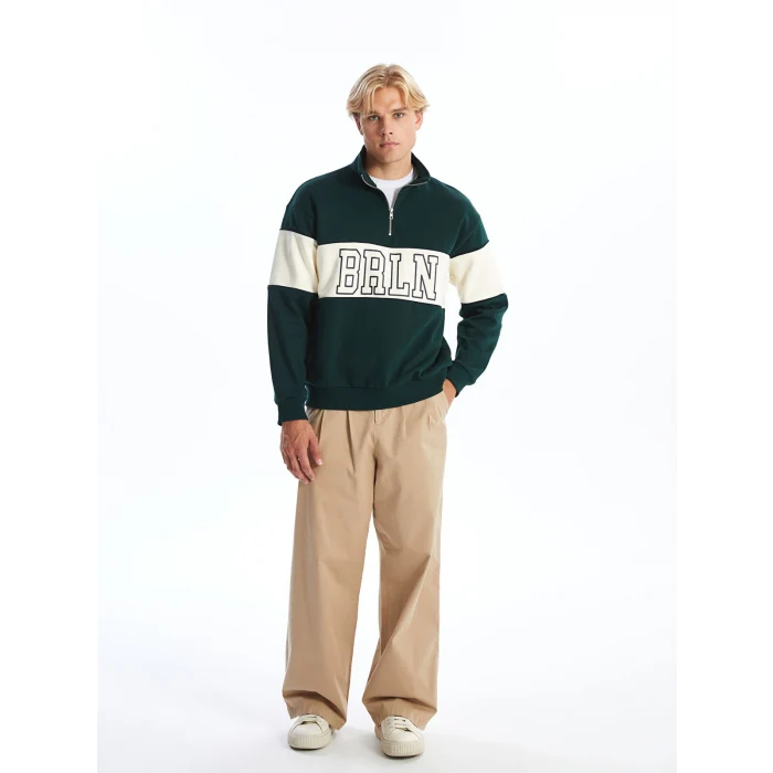 XSIDE YEŞİL Dik Yaka Uzun Kollu Renk Bloklu Erkek Kalın Sweatshirt