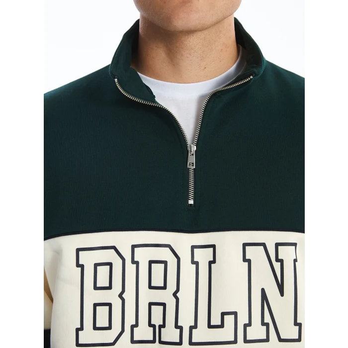 XSIDE YEŞİL Dik Yaka Uzun Kollu Renk Bloklu Erkek Kalın Sweatshirt