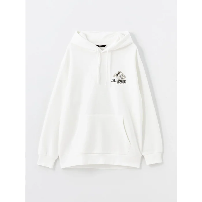 LCW Casual EKRU Uzun Kollu Baskılı Erkek Kalın Hoodie