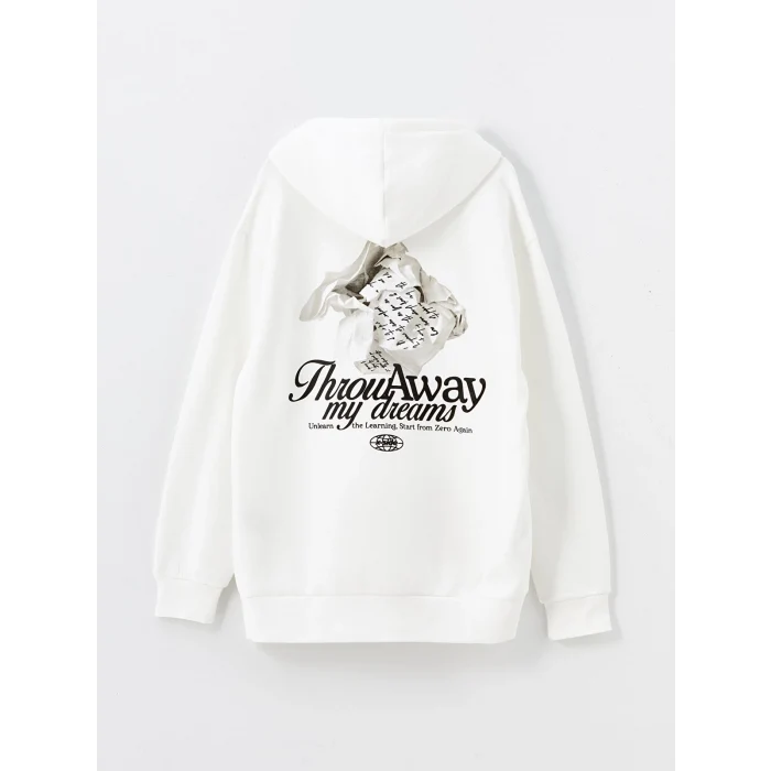 LCW Casual EKRU Uzun Kollu Baskılı Erkek Kalın Hoodie