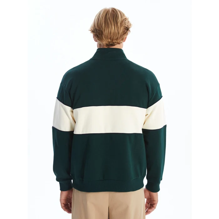 XSIDE YEŞİL Dik Yaka Uzun Kollu Renk Bloklu Erkek Kalın Sweatshirt
