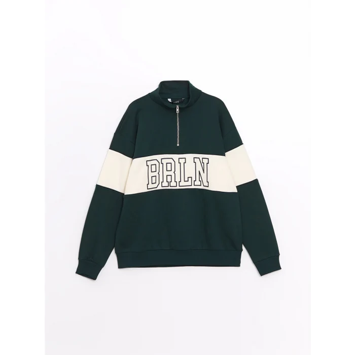XSIDE YEŞİL Dik Yaka Uzun Kollu Renk Bloklu Erkek Kalın Sweatshirt