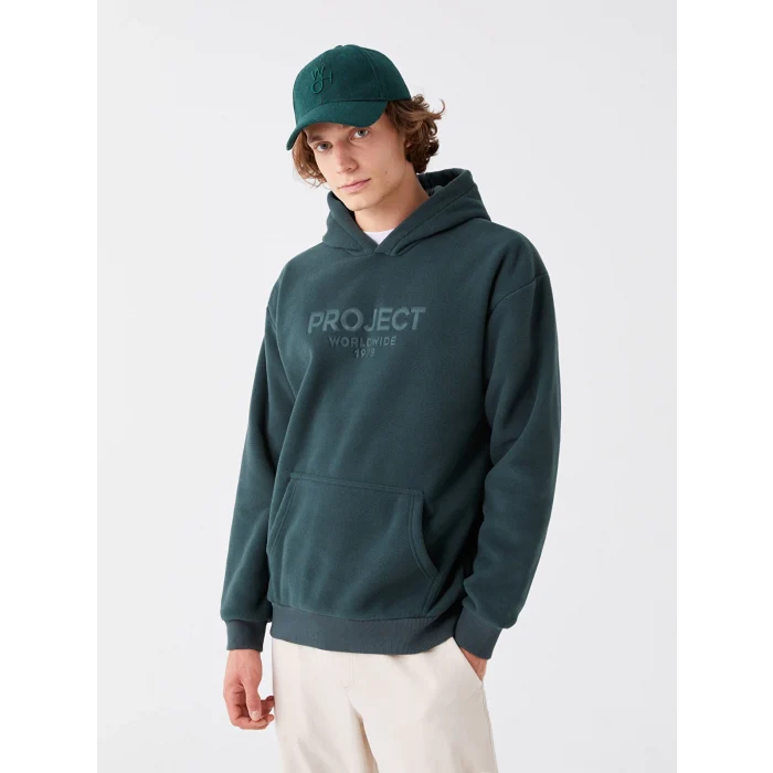LCW Casual YEŞİL Uzun Kollu Baskılı Polar Erkek Hoodie