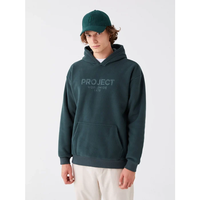 LCW Casual YEŞİL Uzun Kollu Baskılı Polar Erkek Hoodie