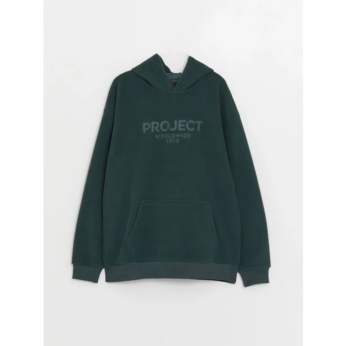 LCW Casual YEŞİL Uzun Kollu Baskılı Polar Erkek Hoodie