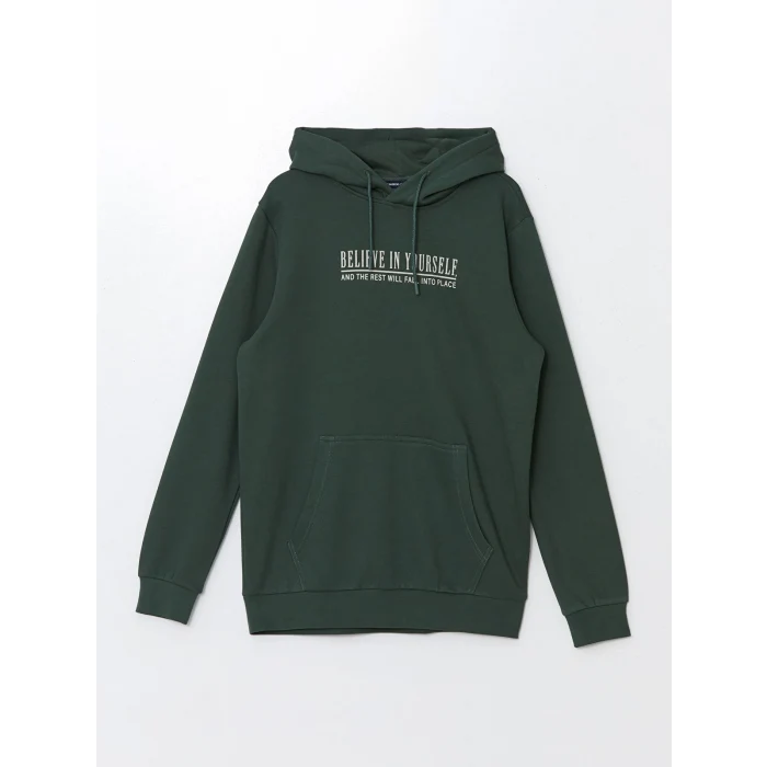 LCWAIKIKI Classic YEŞİL Uzun Kollu Baskılı Erkek Kalın Hoodie