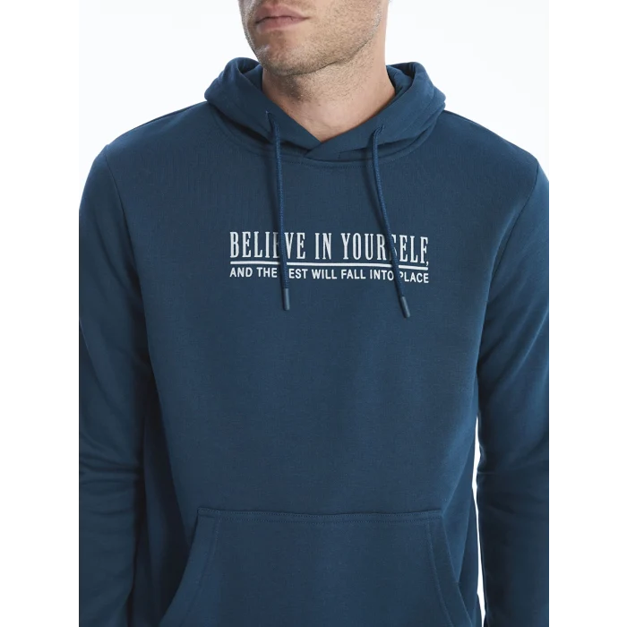 LCWAIKIKI Classic PETROL Uzun Kollu Baskılı Erkek Kalın Hoodie