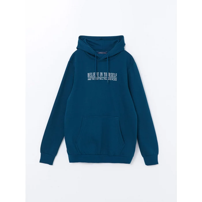 LCWAIKIKI Classic PETROL Uzun Kollu Baskılı Erkek Kalın Hoodie