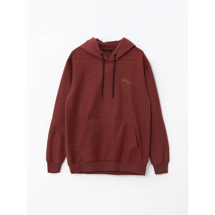 LCW Casual KAHVERENGİ Uzun Kollu Baskılı Erkek Kalın Hoodie