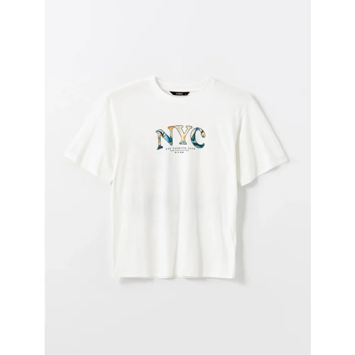 XSIDE EKRU Bisiklet Yaka Baskılı Penye Erkek Tişört