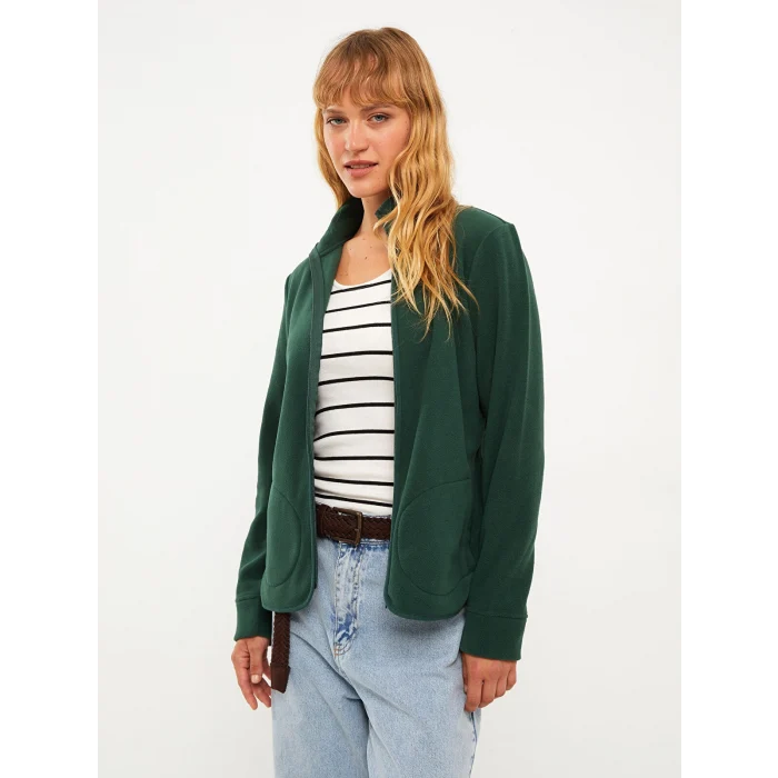 LCWAIKIKI Basic YEŞİL Dik Yaka Düz Uzun Kollu Polar Kadın Spor Hırka