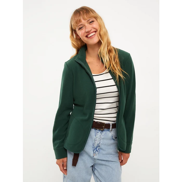 LCWAIKIKI Basic YEŞİL Dik Yaka Düz Uzun Kollu Polar Kadın Spor Hırka