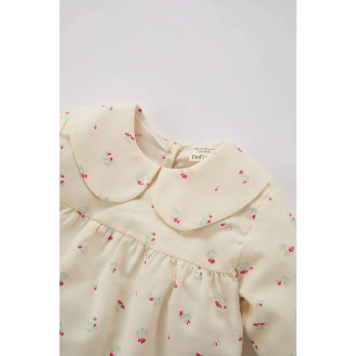 Defacto D9330 Ekru Kız Bebek Bebe Yaka Çiçekli Twill Uzun Kollu Gömlek