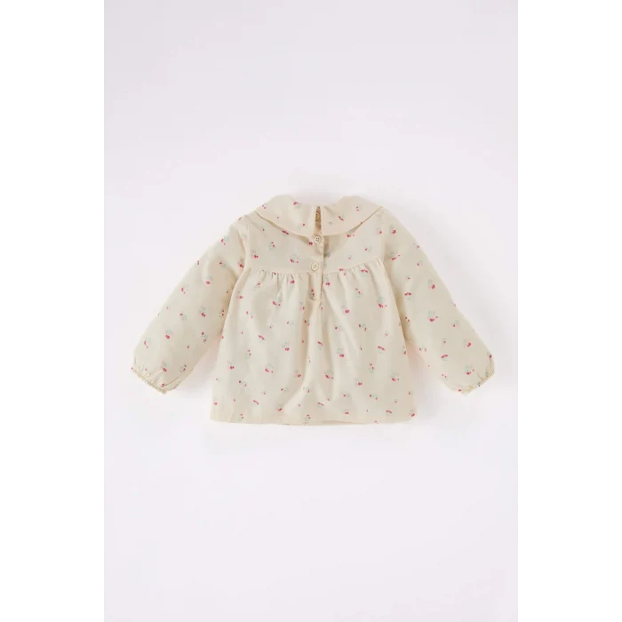 Defacto D9330 Ekru Kız Bebek Bebe Yaka Çiçekli Twill Uzun Kollu Gömlek