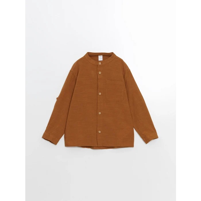 LCW Kids KAHVERENGİ Düz Uzun Kollu Cepli Erkek Bebek Keten Gömlek