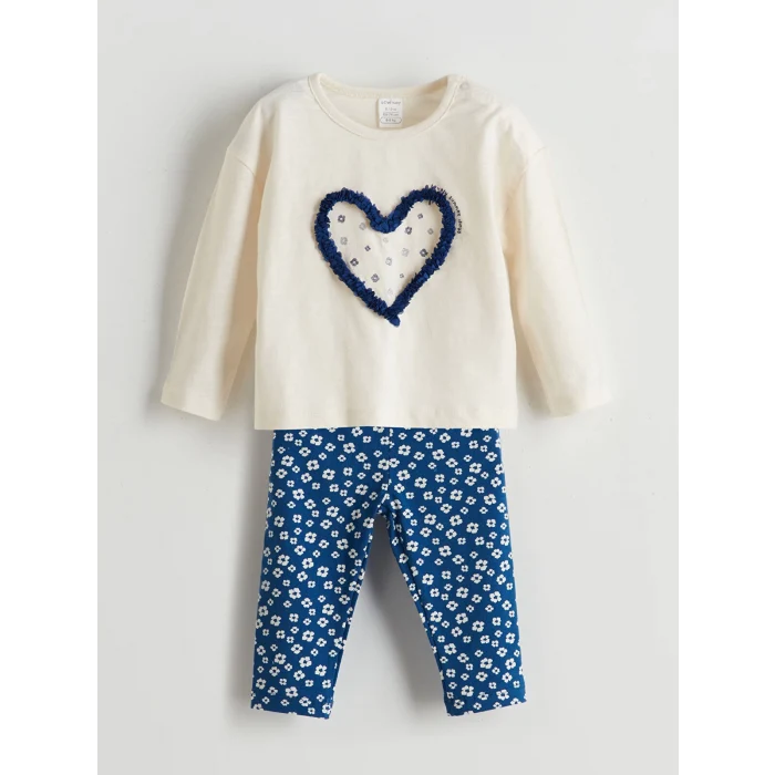 LCW baby BEJ Bisiklet Yaka Çiçekli Kız Bebek Bluz ve Tayt 2li