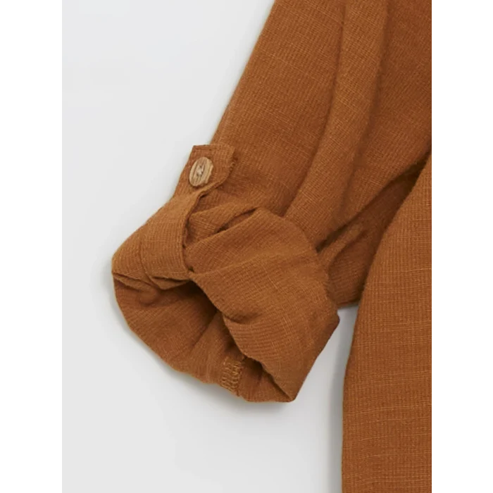 LCW Kids KAHVERENGİ Düz Uzun Kollu Cepli Erkek Bebek Keten Gömlek