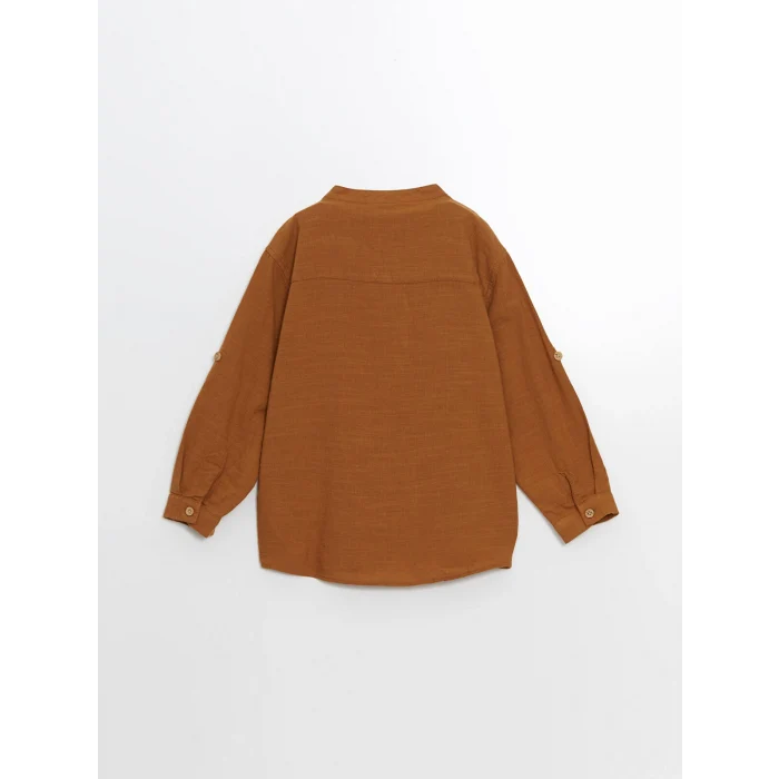 LCW Kids KAHVERENGİ Düz Uzun Kollu Cepli Erkek Bebek Keten Gömlek