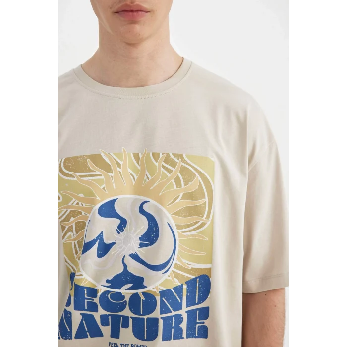 Defacto C2497 Bej Comfort Regular Fit Rahat Kalıp Bisiklet Yaka Baskılı Kısa Kollu Tişört