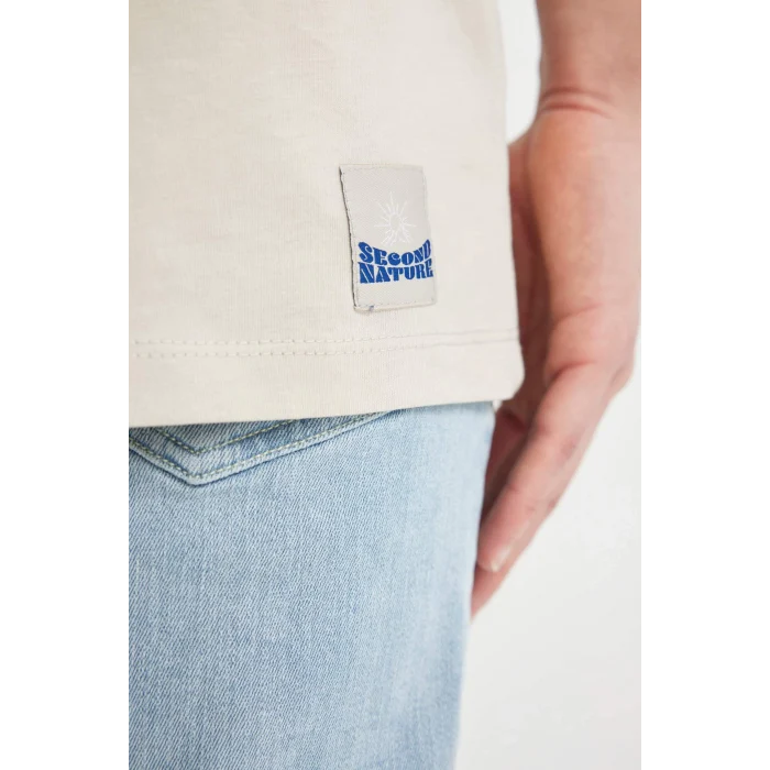 Defacto C2497 Bej Comfort Regular Fit Rahat Kalıp Bisiklet Yaka Baskılı Kısa Kollu Tişört