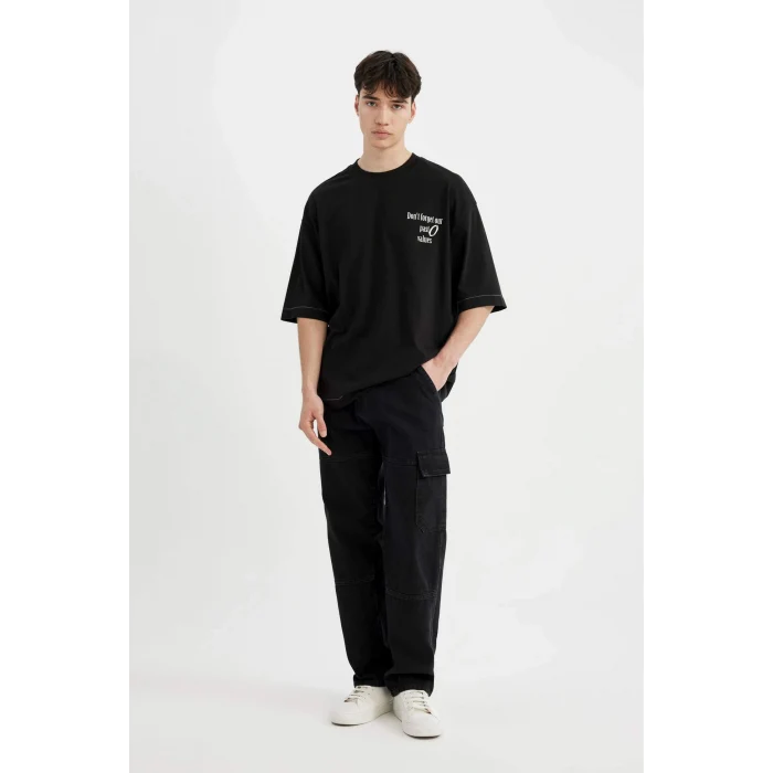Defacto C2244 Siyah Loose Fit Bisiklet Yaka Sırt Baskılı Kısa Kollu Tişört