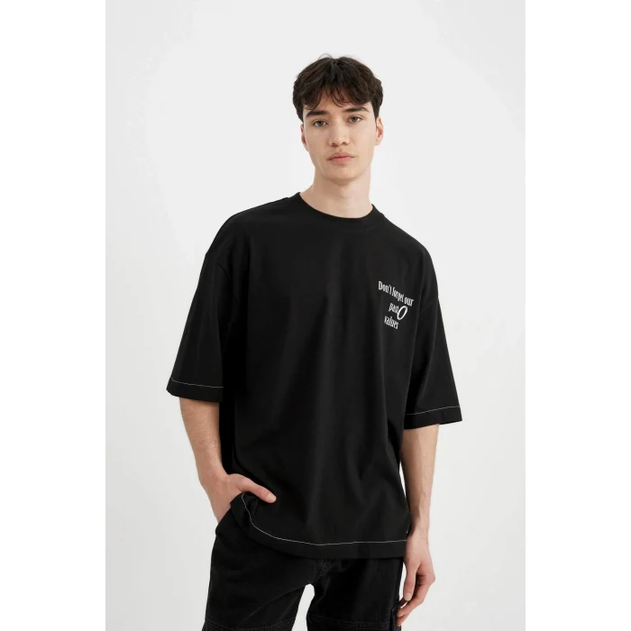 Defacto C2244 Siyah Loose Fit Bisiklet Yaka Sırt Baskılı Kısa Kollu Tişört