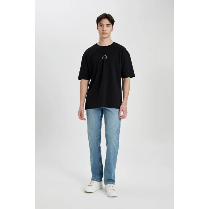 Defacto B4651 Siyah Oversize Geniş Kalıp Bisiklet Yaka Sırt Baskılı Kısa Kollu Tişört