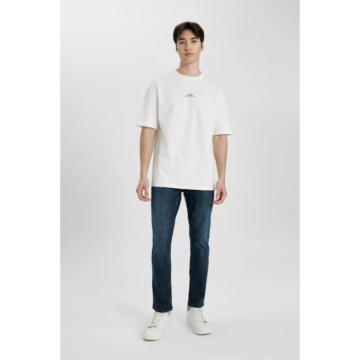 Defacto B4650 Ekru Comfort Regular Fit Rahat Kalıp Bisiklet Yaka Sırt Baskılı Kısa Kollu Tişört