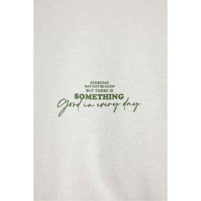 Defacto B4650 Ekru Comfort Regular Fit Rahat Kalıp Bisiklet Yaka Sırt Baskılı Kısa Kollu Tişört