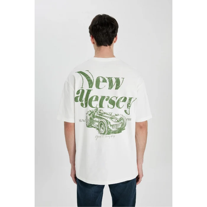 Defacto B4650 Ekru Comfort Regular Fit Rahat Kalıp Bisiklet Yaka Sırt Baskılı Kısa Kollu Tişört