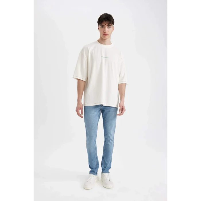 Defacto C2732 Ekru Loose Fit Bisiklet Yaka Sırt Baskılı Kısa Kollu Tişört