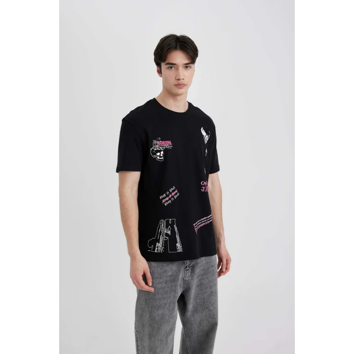 Defacto B8844 Siyah Regular Fit Bisiklet Yaka Sırt Baskılı Kısa Kollu Tişört