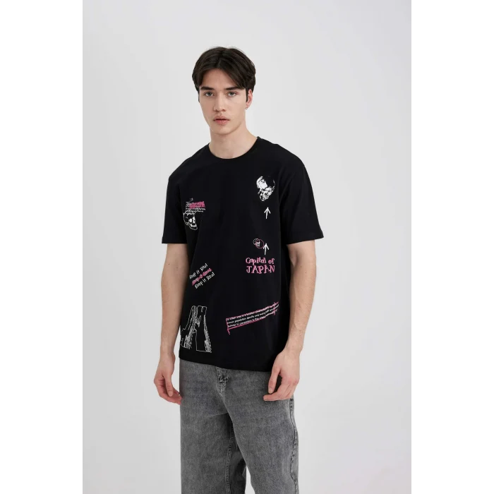Defacto B8844 Siyah Regular Fit Bisiklet Yaka Sırt Baskılı Kısa Kollu Tişört