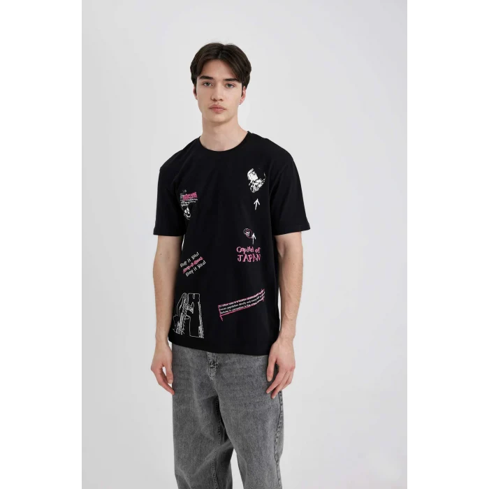 Defacto B8844 Siyah Regular Fit Bisiklet Yaka Sırt Baskılı Kısa Kollu Tişört